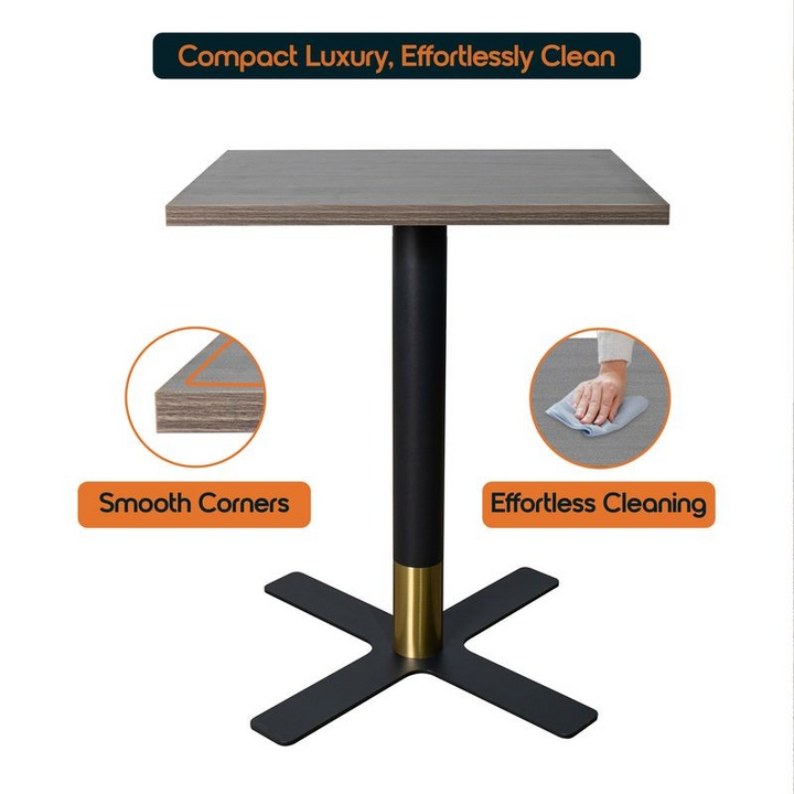 LeisureMod Vail Collection Dining Table Black/Gold X Base With 24" Square Dark Brown MDF Top Description.