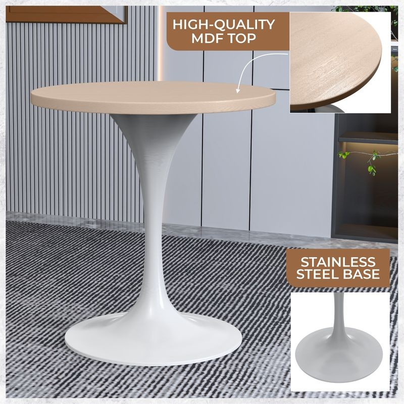 Modern side table with high-quality MDF top and stainless steel base, placed on a textured surface.