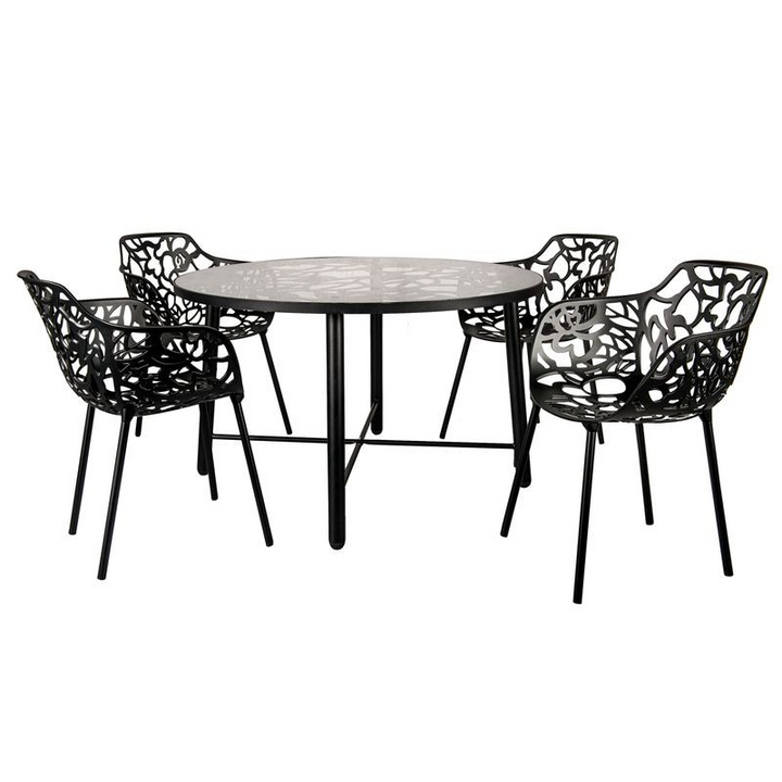 LeisureMod Devon Tree Design Glass Top Aluminum Base Indoor Outdoor Dining Table Black with Chairs.
