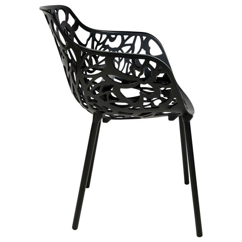 LeisureMod Devon Mid-Century Modern 3-Piece Aluminum Outdoor Patio Dining Set with Tempered Glass Top Table and 2 Stackable Flower Design Armchair Black Side View.