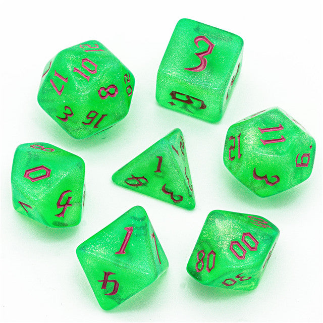 Green Glitter Party Glitter Dice (Pink font) 7-Dice Set RPG DND