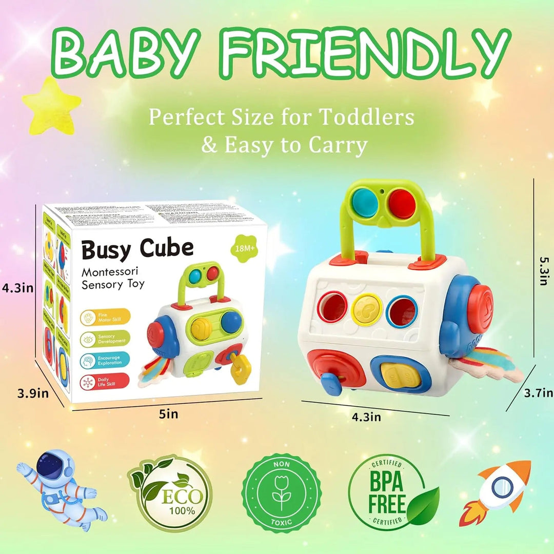 Colorful Busy Cube toy with packaging and dimensions on a gradient background.