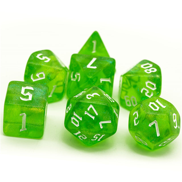 Deep Green Glitter Party Dice (White font) 7-Dice Set RPG DND