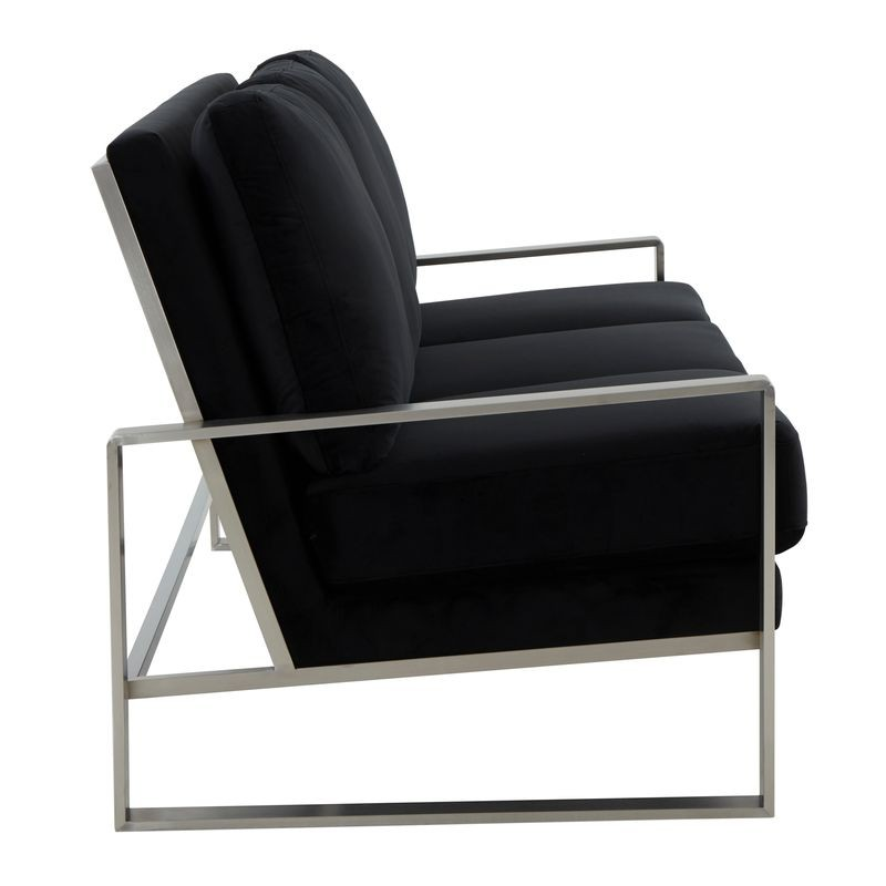 LeisureMod Jefferson Contemporary Modern Design Velvet Sofa with Silver Frame Black Side View.