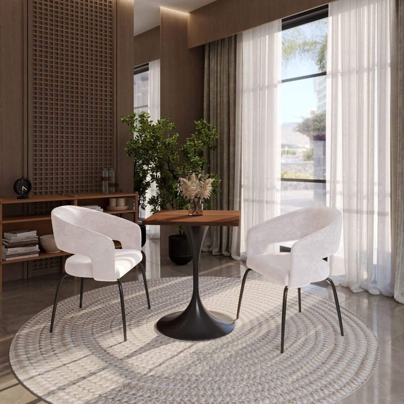 LeisureMod Verve Collection 24 Square Dining Table, Black Base with Cognac Brown MDF Top in Room.