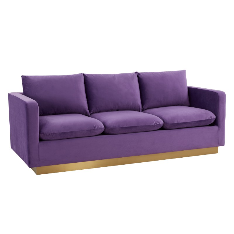 LeisureMod Nervo Modern Mid-Century Upholstered Velvet Sofa with Gold Frame Purple