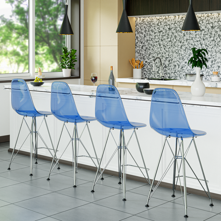 LeisureMod Cresco Modern Acrylic Barstool with Chrome Base and Footrest in Transparent Blue at Bar.