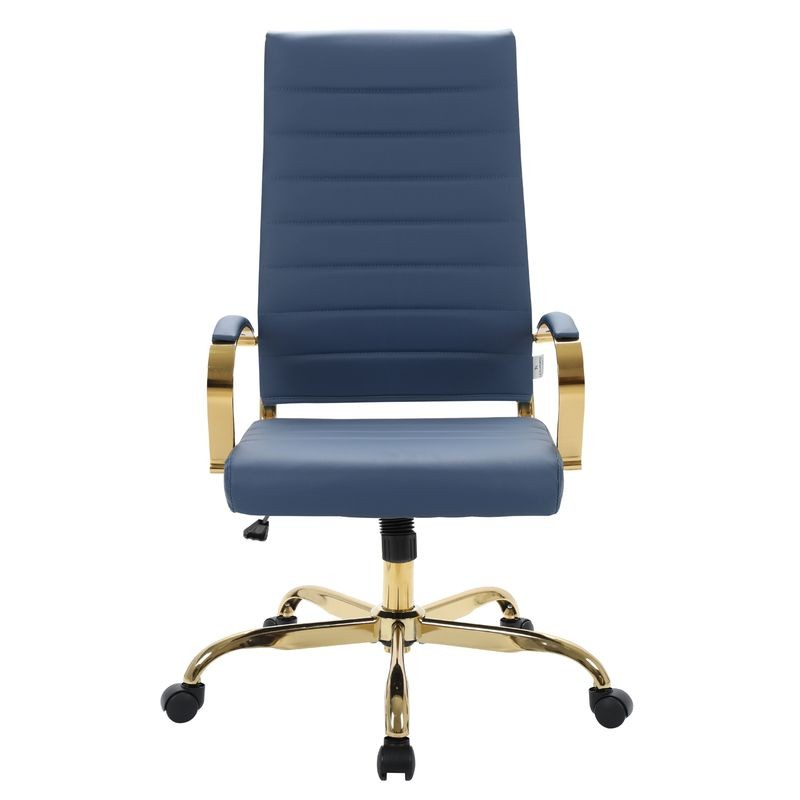 LeisureMod Benmar High-Back Leather Office Chair with Gold Frame Navy Blue Front View.