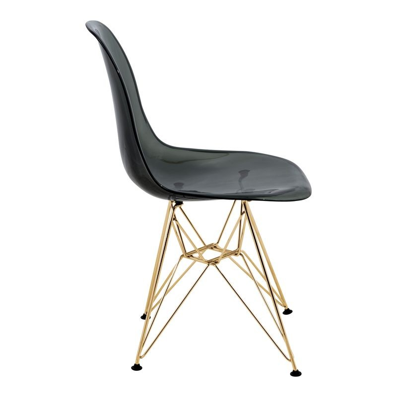 LeisureMod Cresco Molded Eiffel Side Chair with Gold Base Transparent Black Side View.