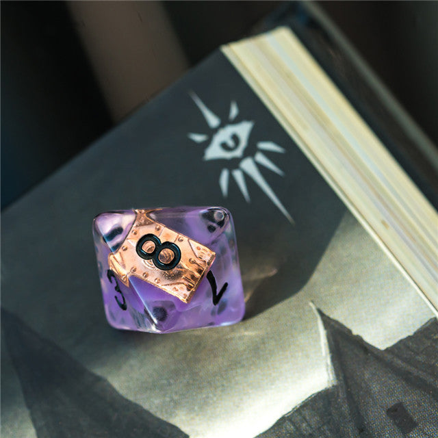 Warlock (Magic Book) Clear Purple Dice w/ Golden Book 7-Dice Set Rpg