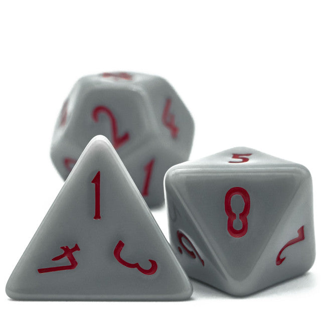 Grey Homage 7-Dice Set w/Red Numbers Minimalist