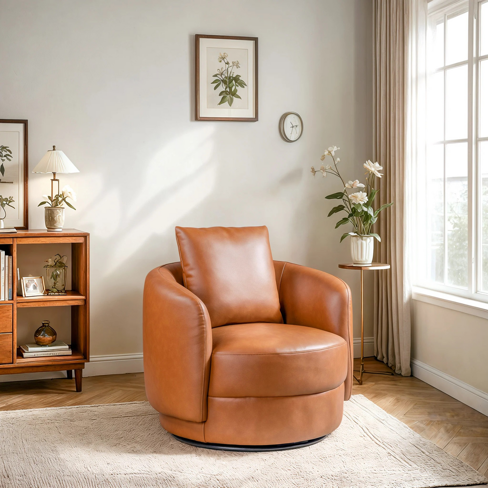 Dylan Cognac Leather Swivel Chair in Room.