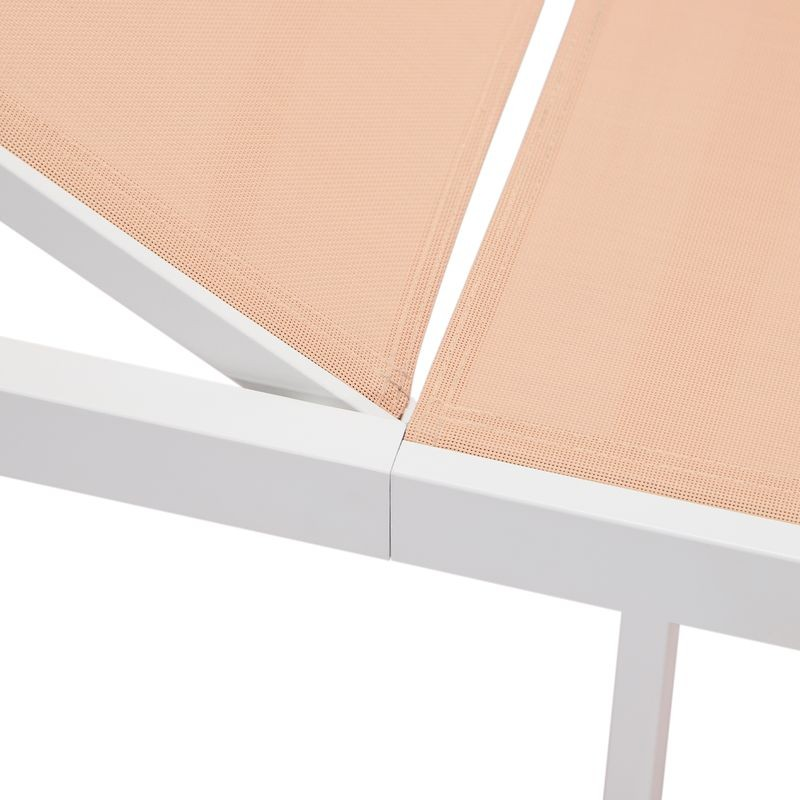 LeisureMod Marlin Patio Chaise Lounge Chair with White Aluminum Frame Light Brown Closeup.