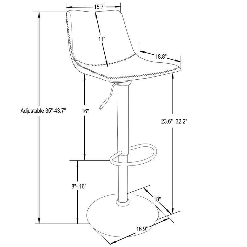 Technical drawing of a bar stool with dimensions labeled.