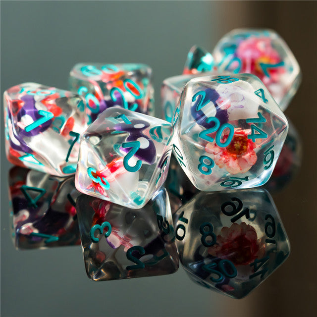 Purple Mushroom Dice Clear Pink Flower w/Teal Numbers 7-Dice Set Rpg