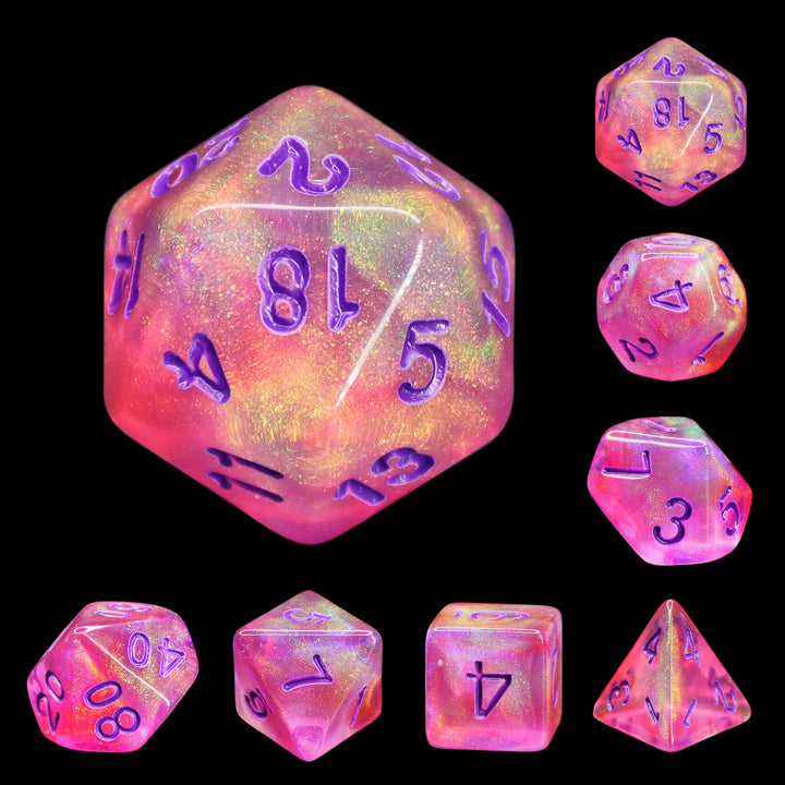 Cheshire Glitter Pink with Purple Numbering 7-Dice Set RPG