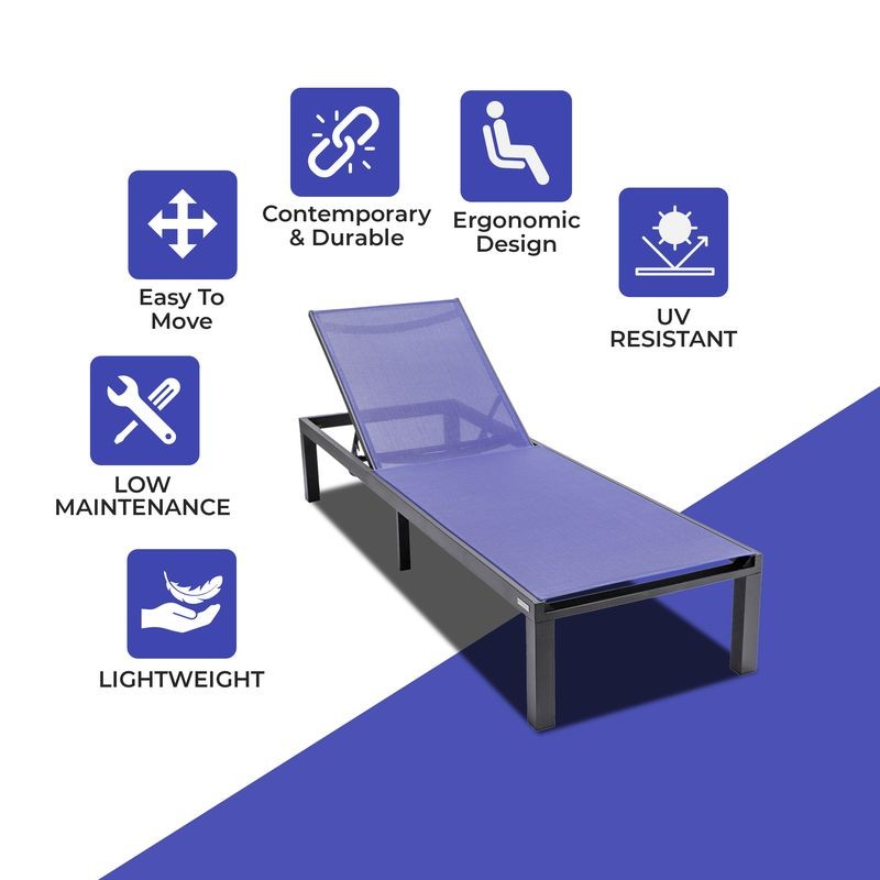 LeisureMod Marlin Patio Chaise Lounge Chair with Black Aluminum Frame Navy Blue Description.