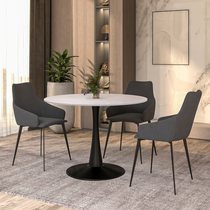LeisureMod Bristol, 40" Round Dining Table in Black Base with White Top in Room.