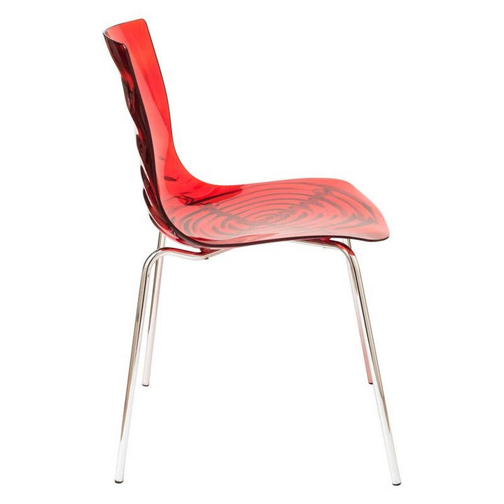 LeisureMod Astor Water Ripple Design Dining Chair Transparent Red Side View.