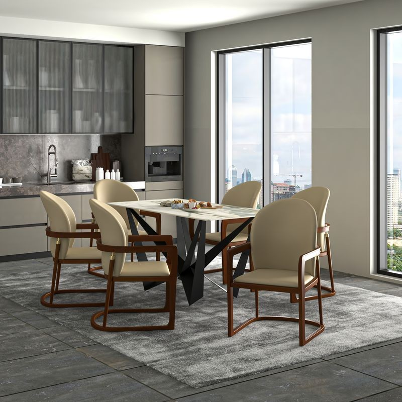 LeisureMod Svelta Elegant Wooden Dining Chair in Toupe at Table.