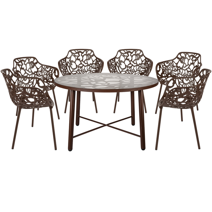 LeisureMod Devon Mid-Century Modern 7-Piece Aluminum Outdoor Patio Dining Set with Tempered Glass Top Table and 6 Stackable Flower Design Armchairs Brown