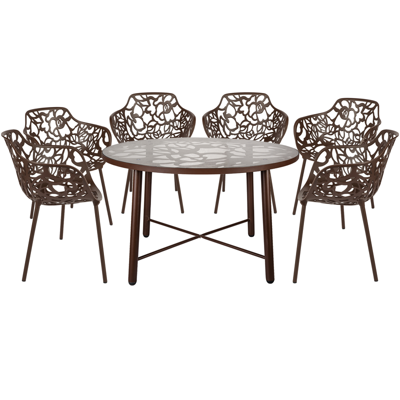 LeisureMod Devon Mid-Century Modern 7-Piece Aluminum Outdoor Patio Dining Set with Tempered Glass Top Table and 6 Stackable Flower Design Armchairs Brown