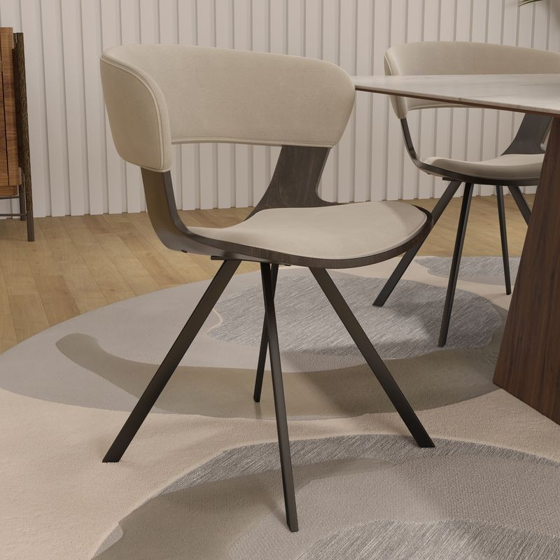 LeisureMod Wooden Dining Chair Modern Style Nymia Collection Walnut Glazed Color in Light Taupe with Background.