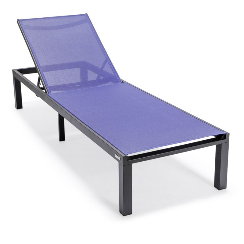 LeisureMod Marlin Patio Chaise Lounge Chair with Black Aluminum Frame Navy Blue
