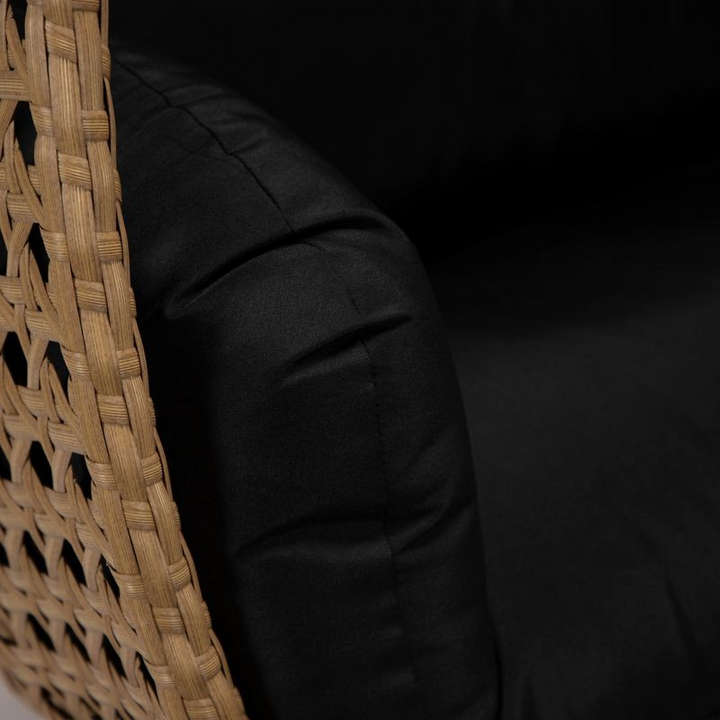 LeisureMod Mendoza Light Brown Wicker Hanging 2 person Egg Swing Chair Black Closeup.