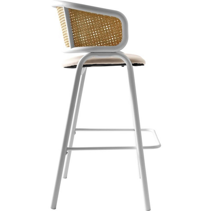 LeisureMod Ervilla Wicker Bar Stool with Fabric Seat and White Steel Frame in White Leather Side View.