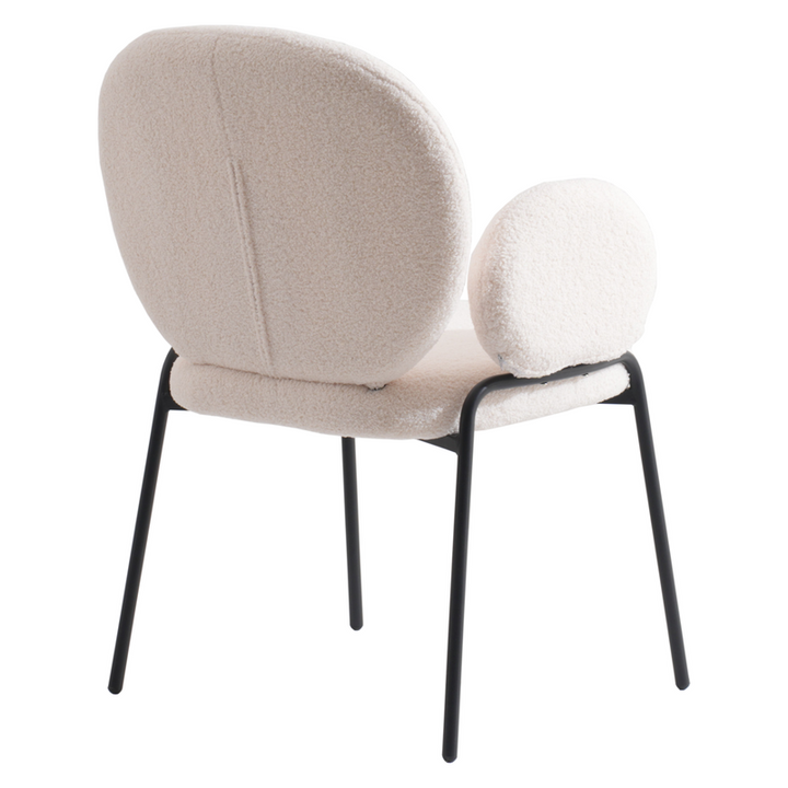 Leisuremod Celestial Series Boucle Dining Armchair with Black Frame and White Fabric Back Angle Photo.