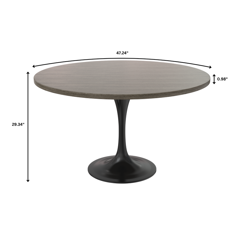 LeisureMod Verve Collection 48 Round Dining Table, Black Base with Dark Maple MDF Top Dimensions.