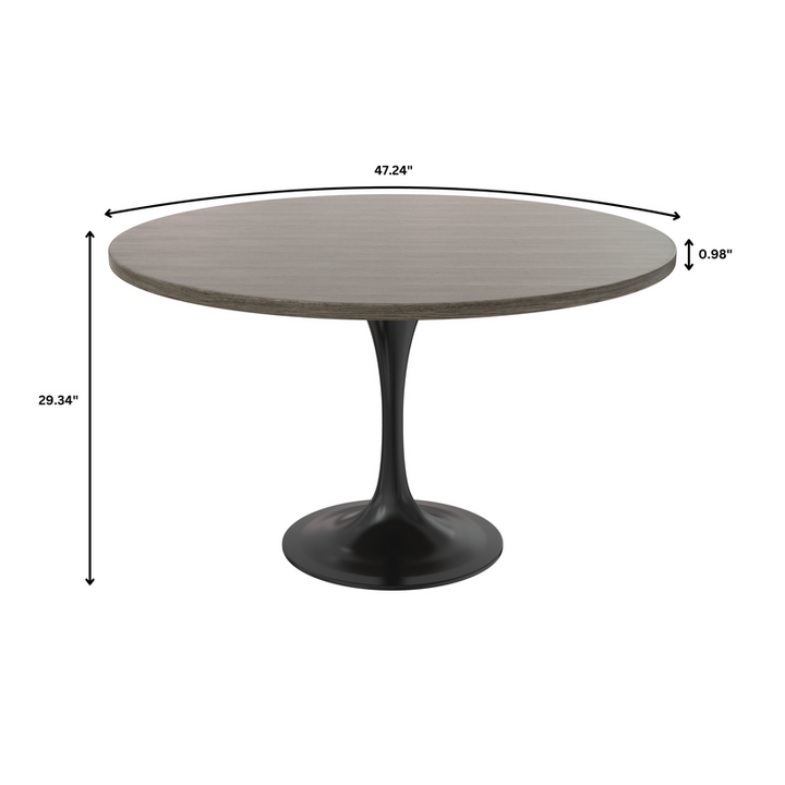 LeisureMod Verve Collection 48 Round Dining Table, Black Base with Dark Maple MDF Top Dimensions.