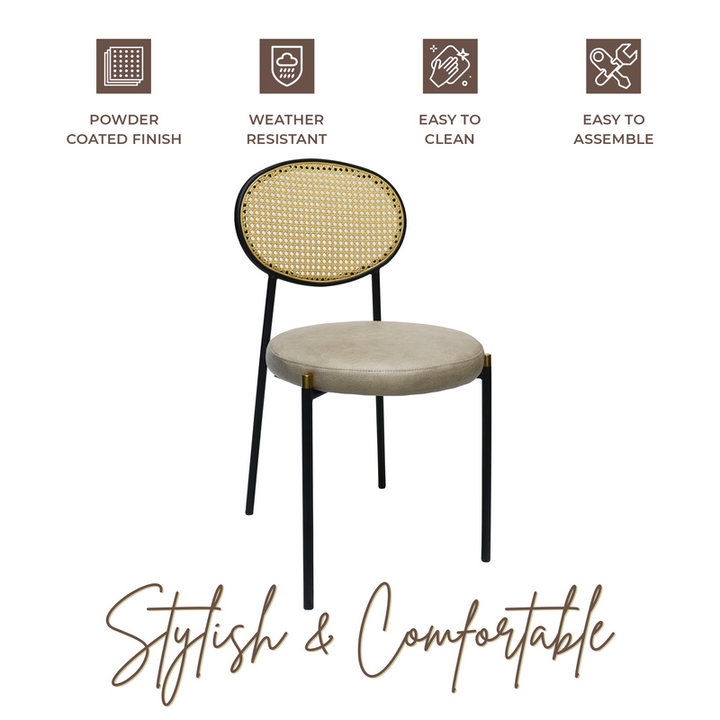 Chair with rattan backrest and cushioned seat on a white background with feature icons and text.