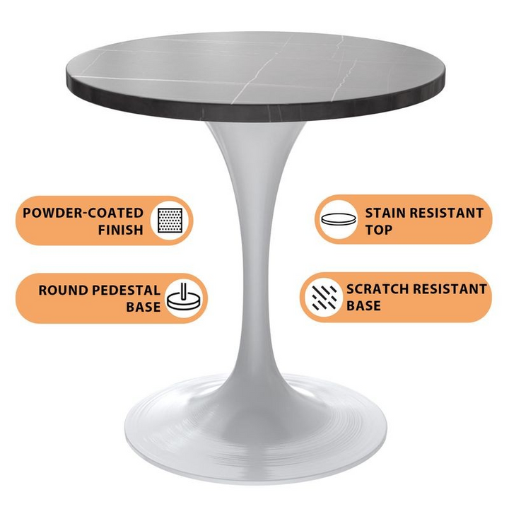 LeisureMod Verve Collection 27 Round Dining Table, White Base with Sintered Stone Black Top with Details.
