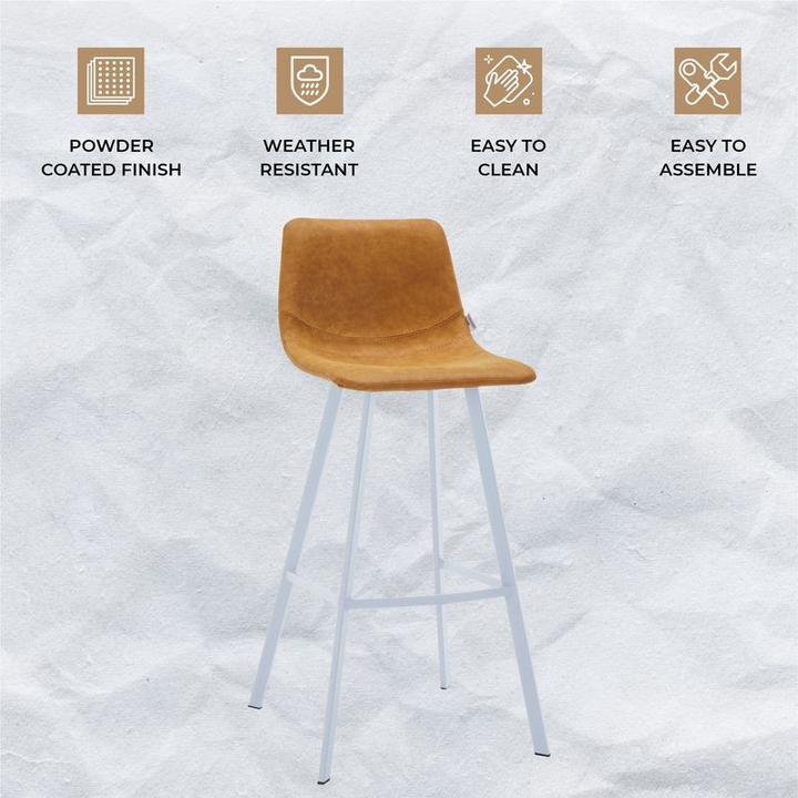 Brown bar stool with white legs on a textured white background with feature icons.