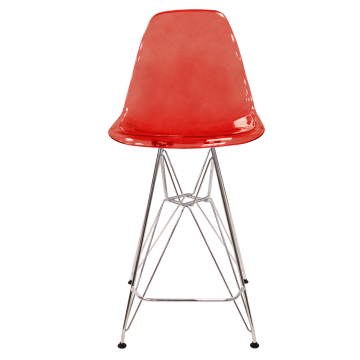 LeisureMod Cresco Modern Acrylic Barstool with Chrome Base and Footrest in Transparent Red Front View.