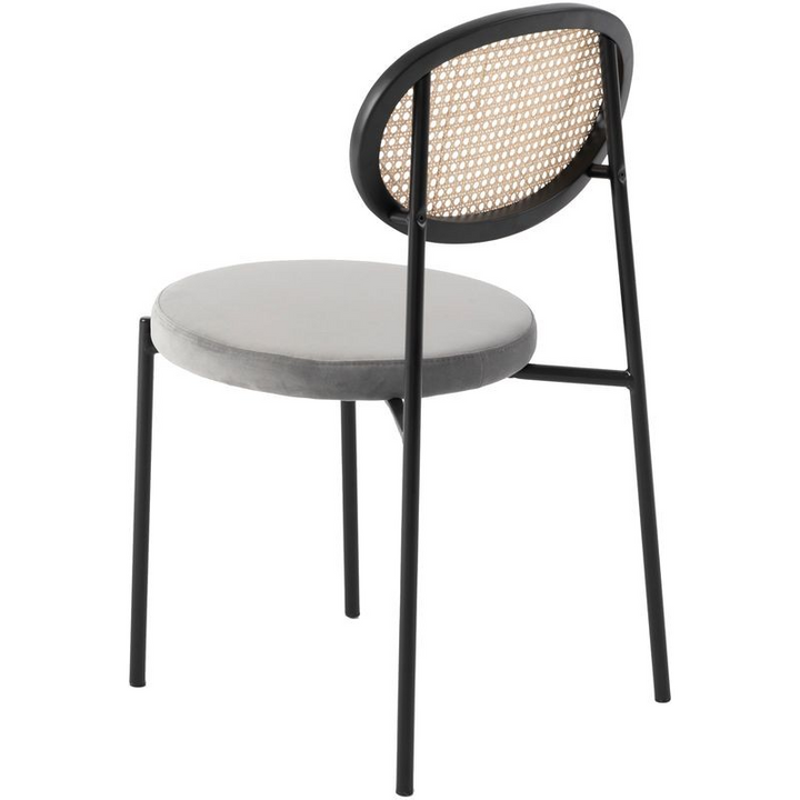 LeisureMod Euston Modern Wicker Dining Chair with Velvet Round Seat Grey Angled View.