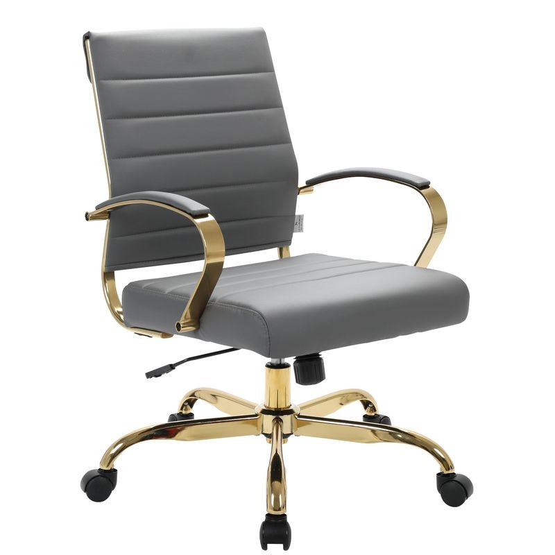 LeisureMod Benmar Home Leather Office Chair with Gold Frame Grey