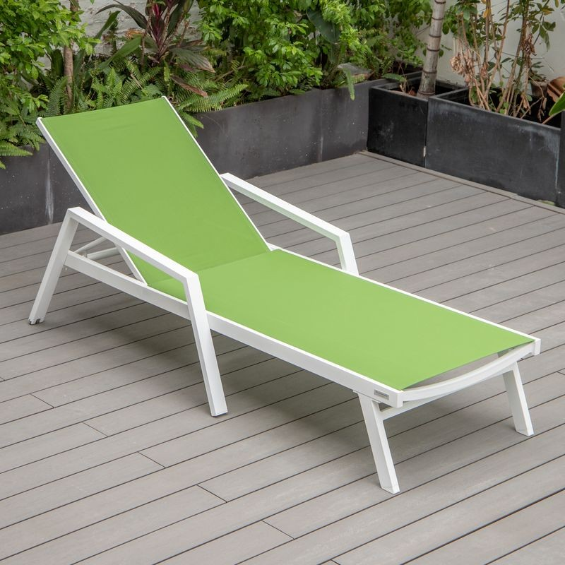 LeisureMod Marlin Patio Chaise Lounge Chair with Armrests in White Aluminum Frame Green Photo.