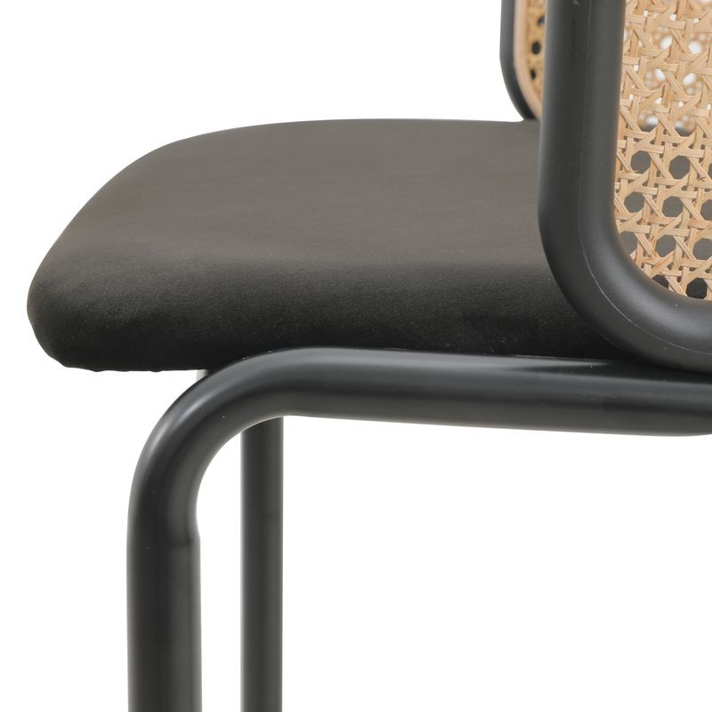 LeisureMod Ervilla Mid-Century Modern Wicker Bar Stool with Fabric Seat and Black Powder Coated Steel Frame in Black Zoomed.