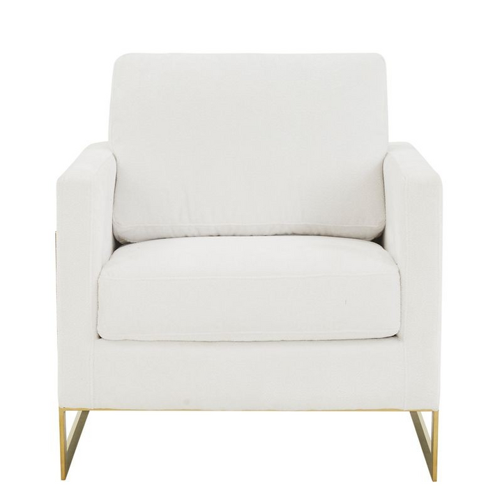 LeisureMod Lincoln Boucle Fabric Accent Armchair with Gold Stainless Steel Frame and Removable Back Cushion in White Front