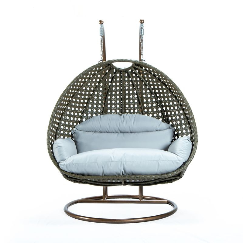 LeisureMod Beige Wicker Hanging 2 person Egg Swing Chair Light Grey
