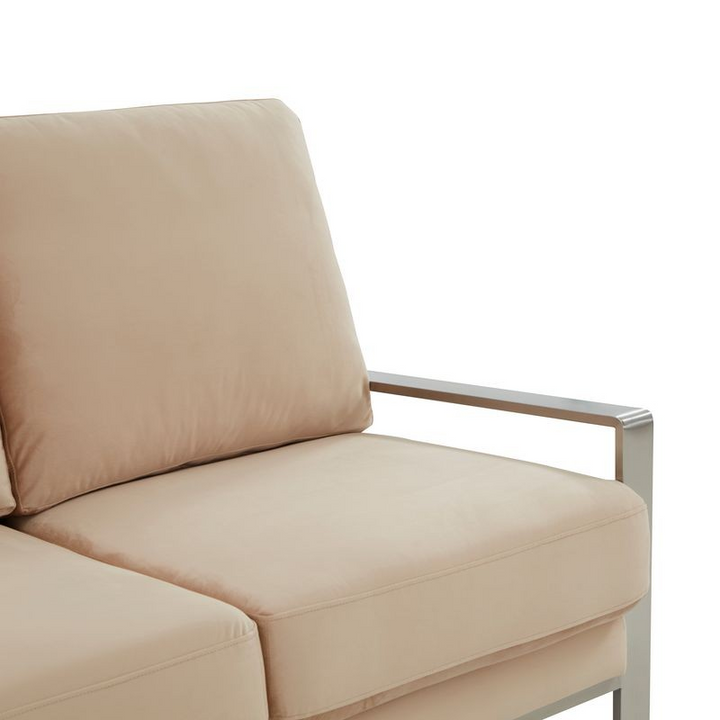 LeisureMod Jefferson Contemporary Modern Design Velvet Sofa with Silver Frame Beige Closeup.