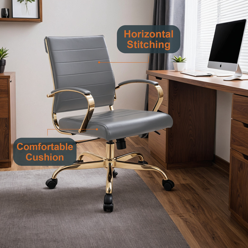 LeisureMod Benmar Home Leather Office Chair with Gold Frame Grey at Desk.