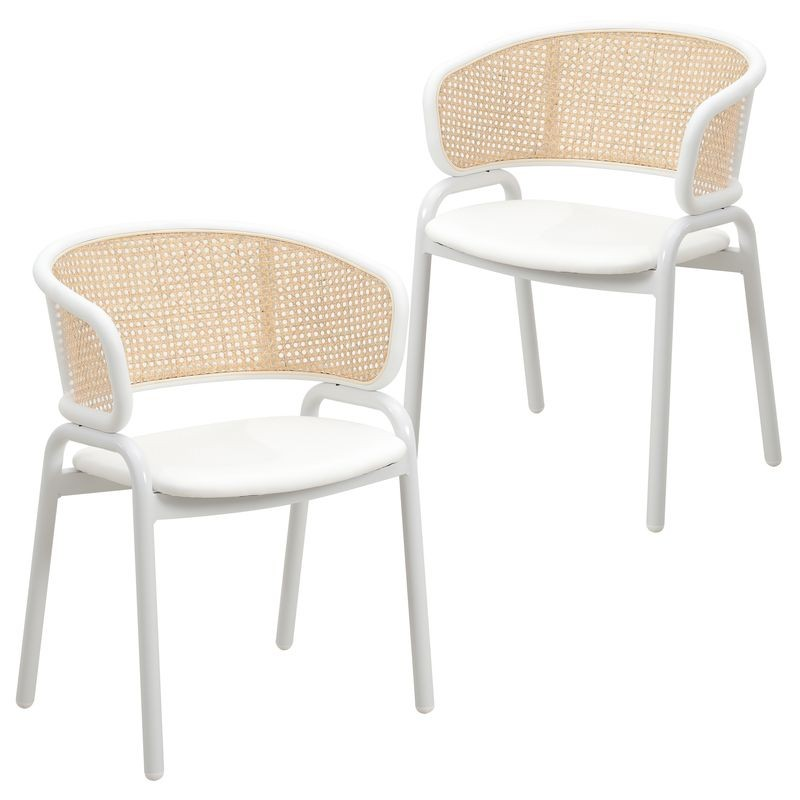 Leisuremod Ervilla Modern Dining Chair with White Powder Coated Steel Legs and Wicker Back, Set of 2 White