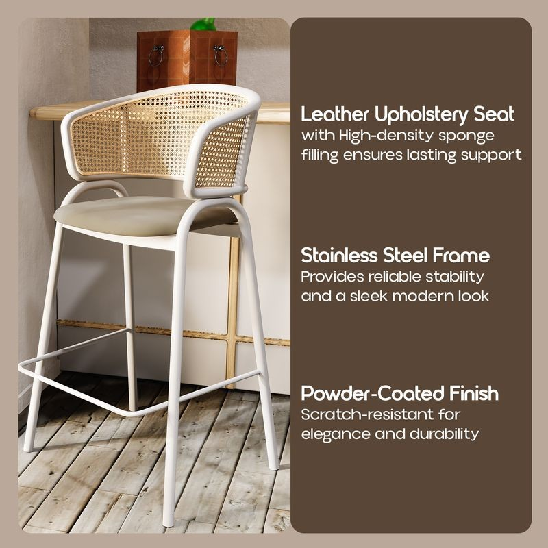LeisureMod Ervilla Wicker Bar Stool with Fabric Seat and White Steel Frame in Taupe Description.