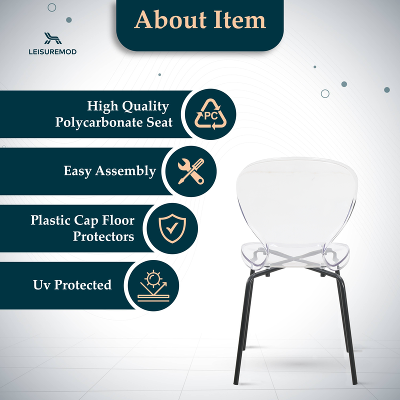 Clear chair with LeisureMod branding and product features on a white background.