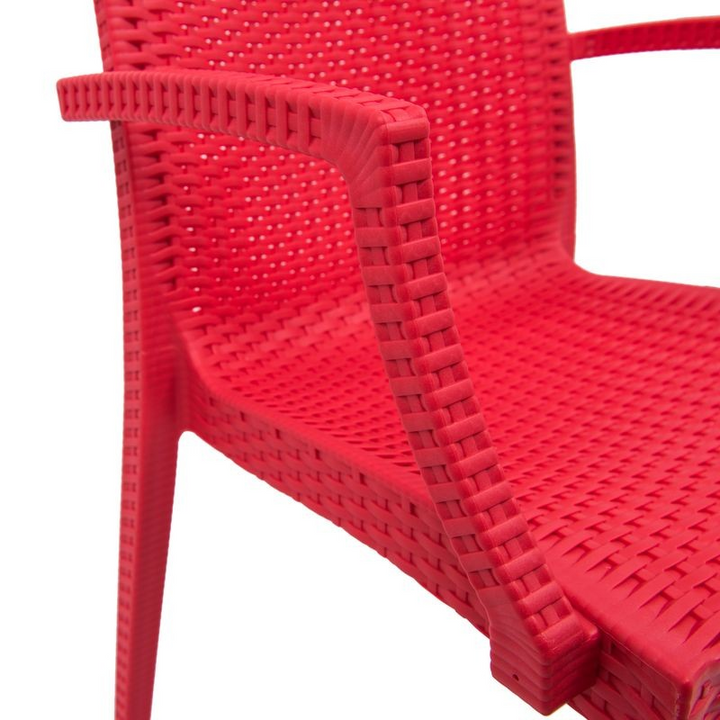 LeisureMod Weave Mace Indoor/Outdoor Chair (With Arms) Red Closeup.