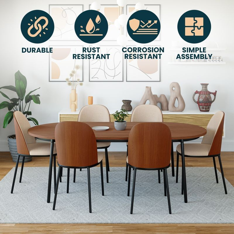 Dining table set with chairs in a room setting, featuring durability, rust resistance, corrosion resistance, and simple assembly icons.